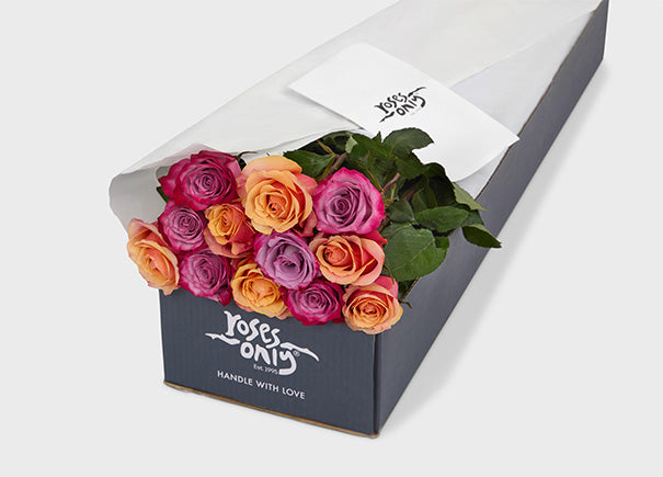 Mixed Mauve Purple And Cherry Brandy Orange Roses Gift Box (ROA129)
