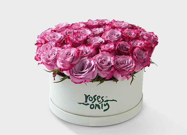 36 Mauve Purple Roses in a Hat Box (ROA140-036)
