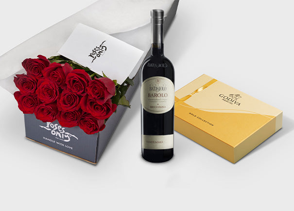 Red Roses with Batasiolo Corda della Briccolina and Godiva Gold Collection Chocolate (ROA149)