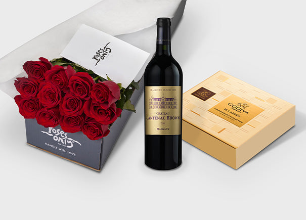 Red Roses with Chateau Cantenac Brown, Margaux 2015 and Godiva 72% Dark Chocolate Carré Collection (ROA151)