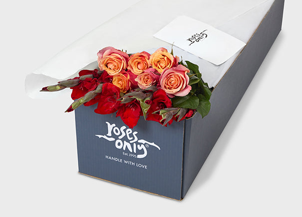 Cherry Brandy Roses with Gladiolus Gift Box (ROA162)