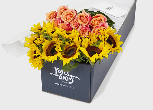 Cherry Brandy Roses With Sunflowers Gift Box (ROA65)