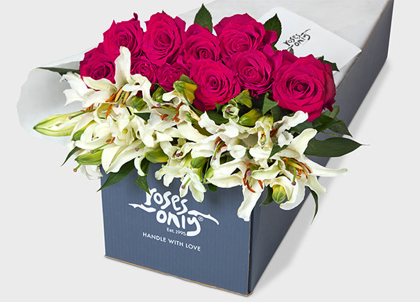 Bright Pink Roses with White Lilies Gift Box