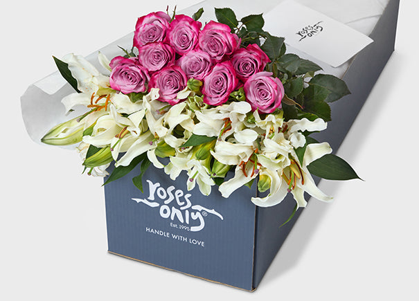 Mauve Purple Roses With White Lilies Gift Box (ROA74)