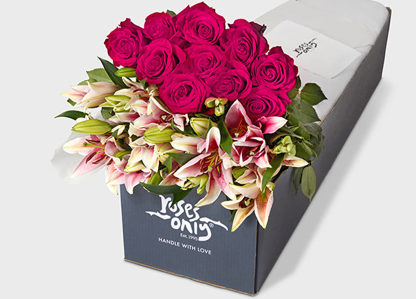 Bright Pink Roses With Pink Lilies Gift Box (ROA79)
