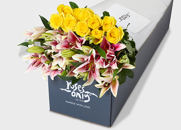 Yellow Roses With Pink Lilies Gift Box (ROA82)