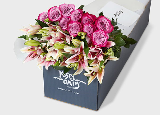 Mauve Purple Roses With Pink Lilies Gift Box (ROA83)