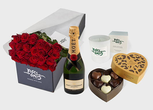 Valentine's Day Red Roses with Candle, Moet and Chandon and chocolates (VFROA167)