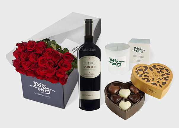 Valentine's Day Red Roses with Candle, Batasiolo Corda and chocolates (VFROA169)